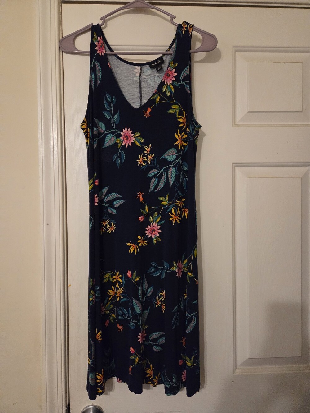 a.n.a Navy Sleeveless Midi Dress with Pink & Yellow Floral Print